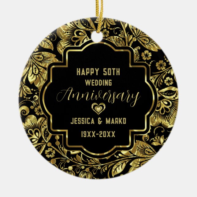 Black & Gold 50th Wedding Anniversary Ceramic Tree Decoration (Front)