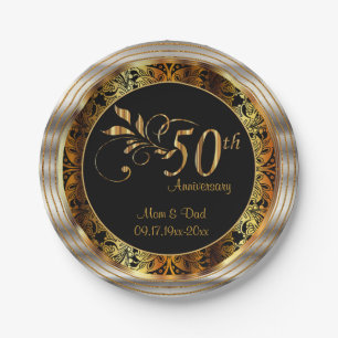 Black & Gold 50th Wedding Anniversary Paper Plate