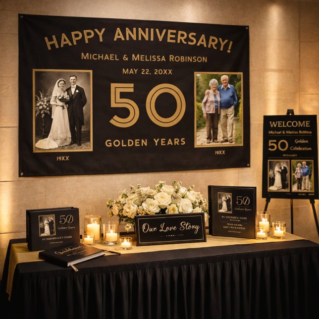 Black & Gold 50th Wedding Anniversary Photo Banner (Golden years deserve a backdrop this elegant.)