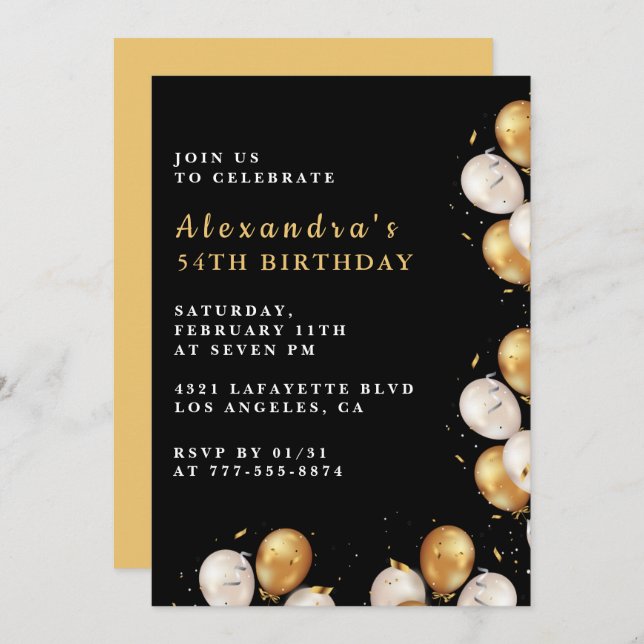 Black Gold 54th birthday invitations  Balloon  (Front/Back)
