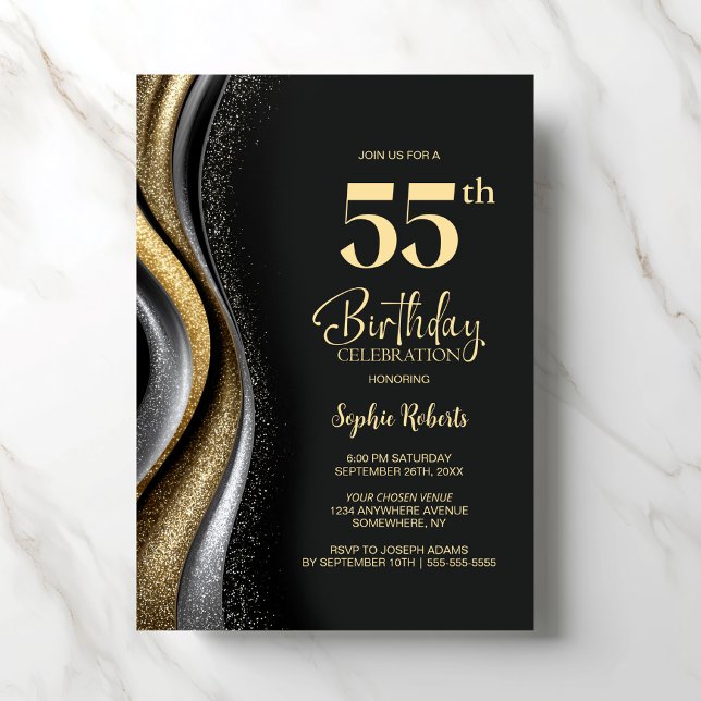Black Gold 55th Birthday Party Invitation (Creator Uploaded)