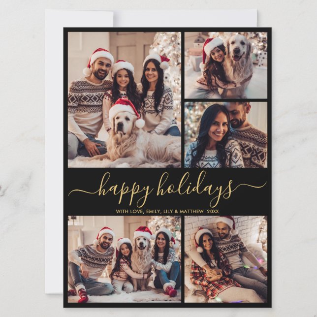 Black Gold 5 Photo Happy Holidays Christmas  Holiday Card (Front)