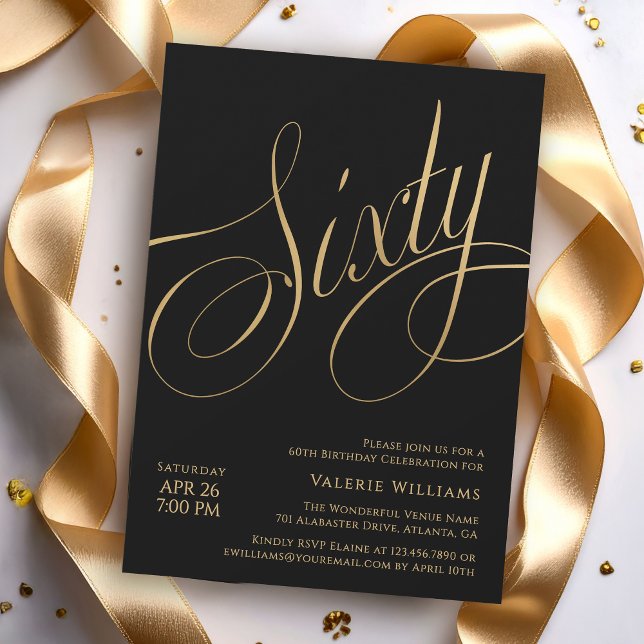Black Gold 60th Birthday Elegant Calligraphy Invitation (Available in both printed and instant download digital formats.)