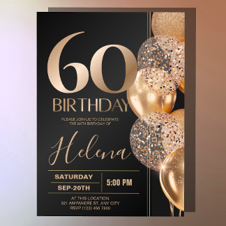 Black Gold 60th Birthday Glam Confetti Balloons Invitation