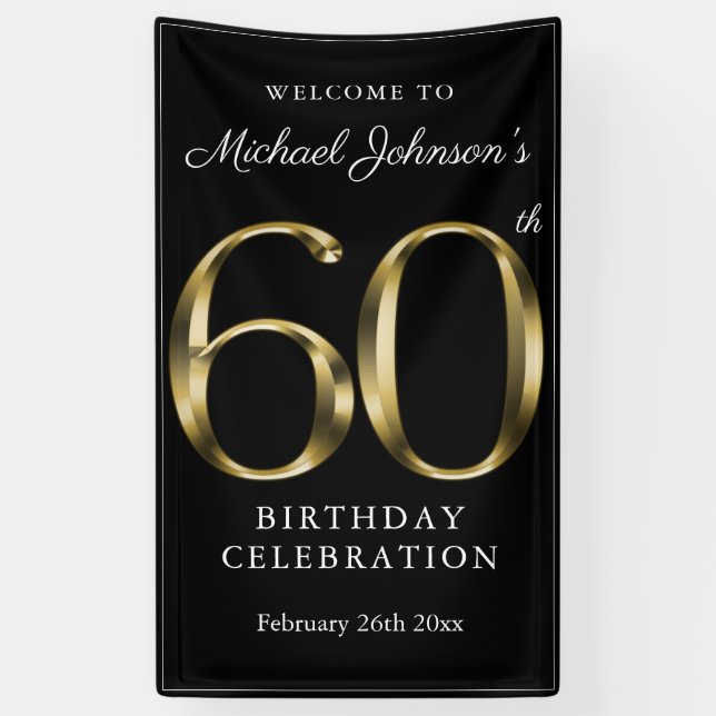 Black Gold 60th Birthday Party Elegant Welcome Banner (Vertical)
