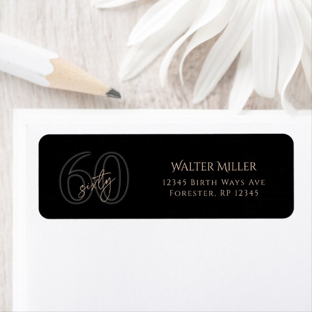 Black Gold 60th Birthday Return Address Label (Insitu)