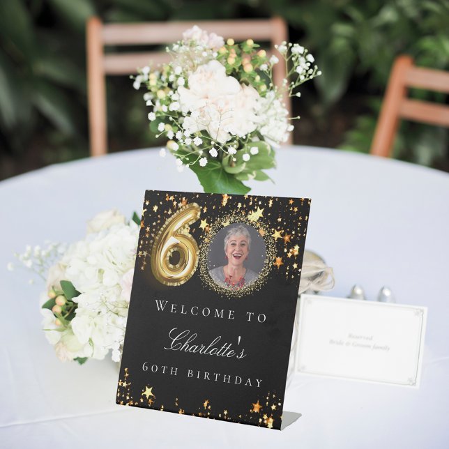 Black gold 60th photo birthday party welcome pedestal sign (Creator Uploaded)