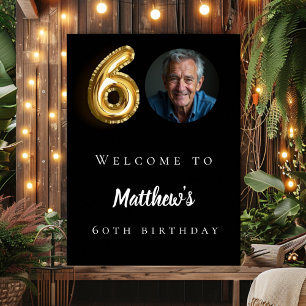 Black gold 60th photo birthday party welcome poster