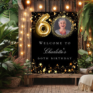 Black gold 60th photo birthday party welcome poster