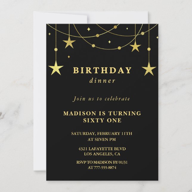 Black Gold 61st birthday invitations  Stars (Front)