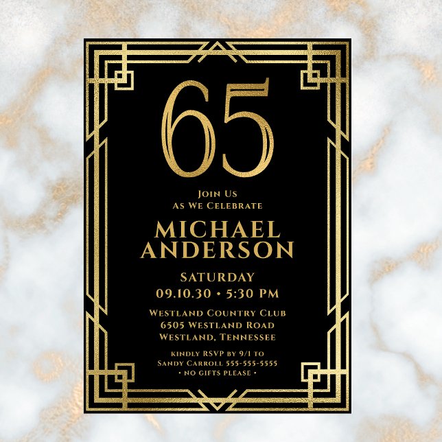 Black Gold 65th Birthday Photo Invitation (Creator Uploaded)