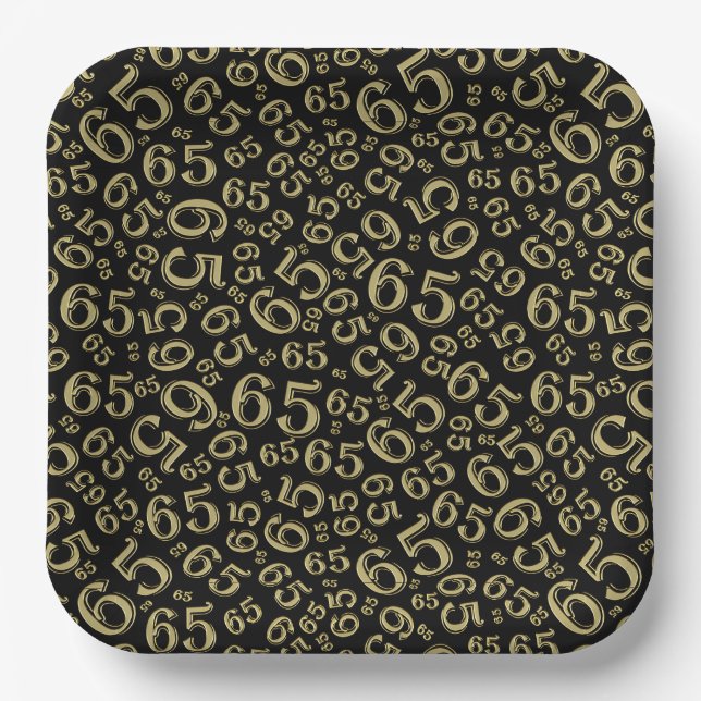  Black/Gold 65th Random Number Pattern Paper Plate (Front)
