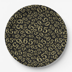 Black/Gold 65th Random Number Pattern Paper Plate
