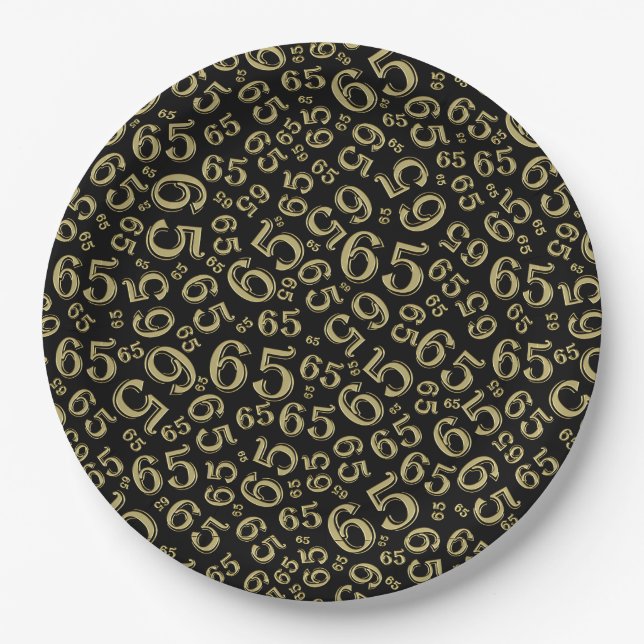  Black/Gold 65th Random Number Pattern Paper Plate (Front)
