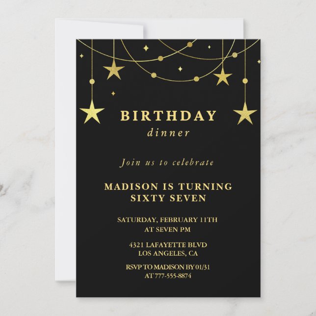 Black Gold 67th birthday invitations  Stars (Front)