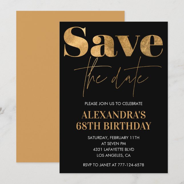 Black Gold 68th birthday invitations Save the date (Front/Back)