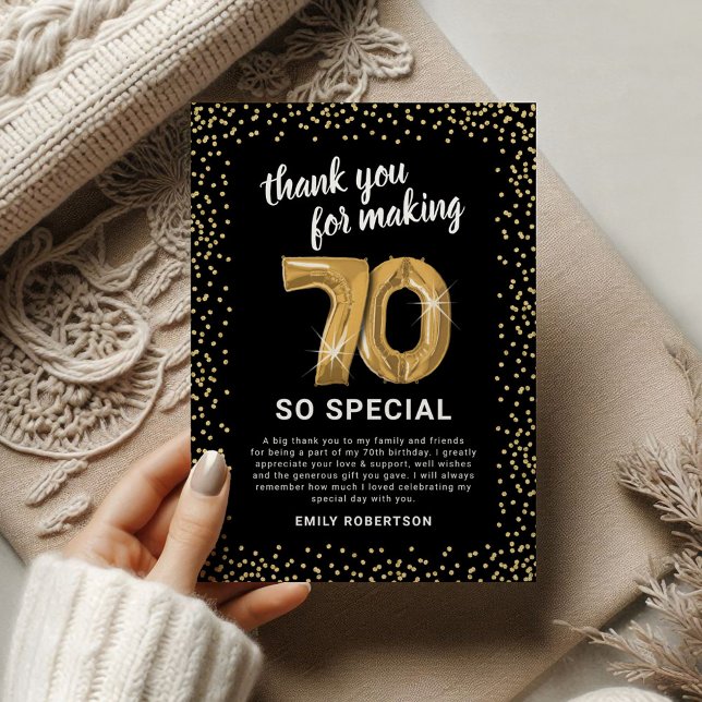 Black Gold 70th Adult Birthday Thank You Card (Creator Uploaded)
