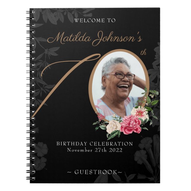 Black Gold 70th Birthday Floral Photo Guestbook Notebook (Front)