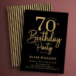 Black Gold 70th Birthday Invitation<br><div class="desc">Black gold 70th birthday party invitation. Trendy modern design,  perfect for a stylish men's or women's bday celebration. Features script font and confetti. Customize with your own details. Printed Zazzle invitations or instant download digital printable template.</div>