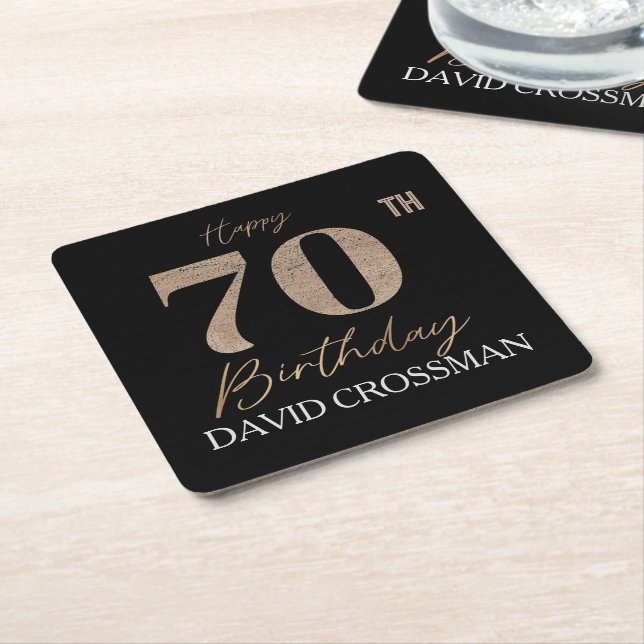 Black Gold 70th Birthday Personalised  Square Paper Coaster (Angled)
