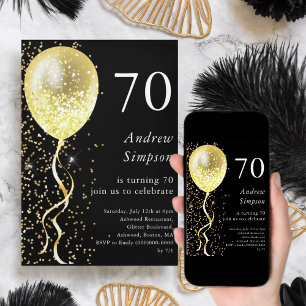 Black & Gold   70th Glitter Balloon Birthday  Invitation
