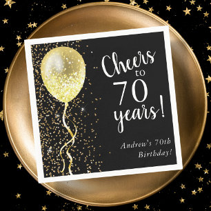 Black & Gold 70th Glitter Balloon Birthday Napkin