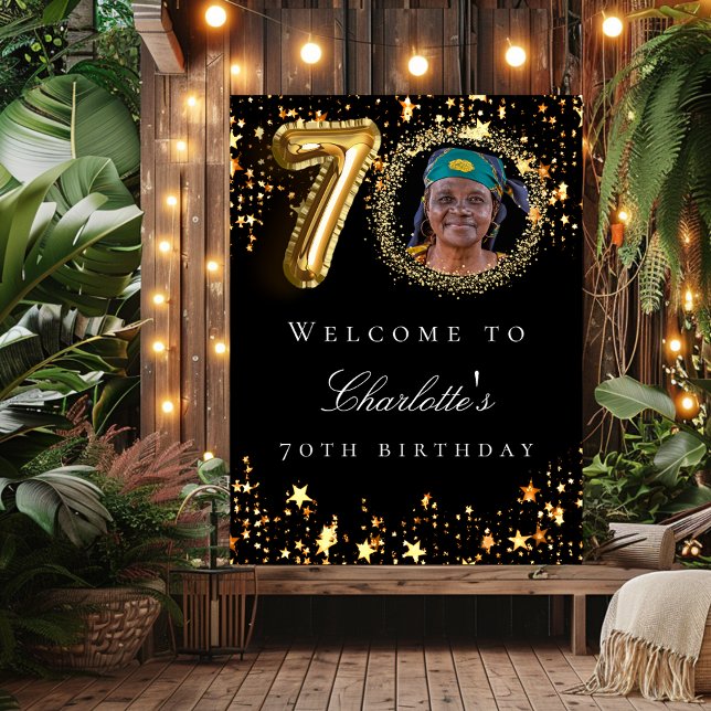 Black gold 70th photo birthday party welcome poster (Creator Uploaded)