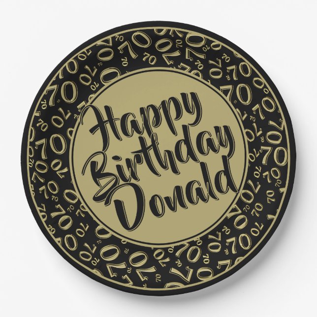Black/Gold 70th Random Number Pattern Paper Plate (Front)