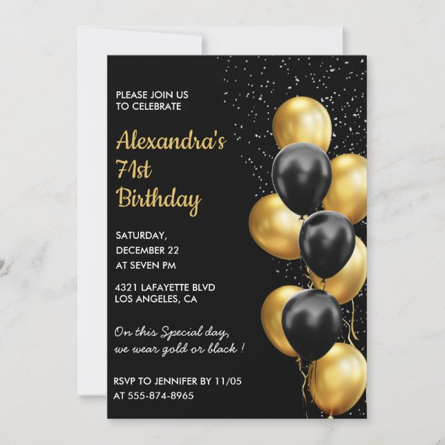 Black Gold 71st birthday invitations Glitter Glam (Front)