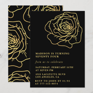 Black Gold 74th birthday invitations Floral