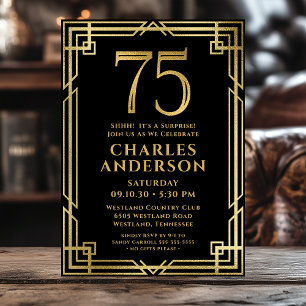Black Gold 75th Birthday Photo Surprise Party Invitation