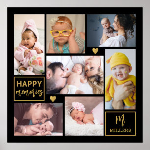 Black & Gold 7 Photo Collage Family Name Monogram Poster