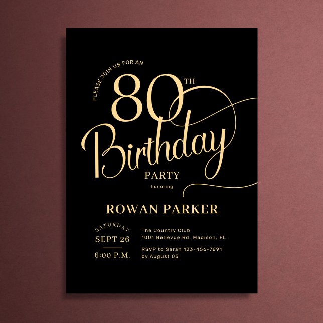 Black Gold 80th Birthday Elegant Script Invitation (Creator Uploaded)