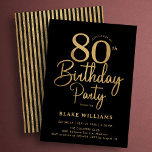 Black Gold 80th Birthday Invitation<br><div class="desc">Black gold 80th birthday party invitation. Trendy modern design,  perfect for a stylish men's or women's bday celebration. Features script font and stripes on the back. Customize with your own details. Printed Zazzle invitations or instant download digital printable template.</div>