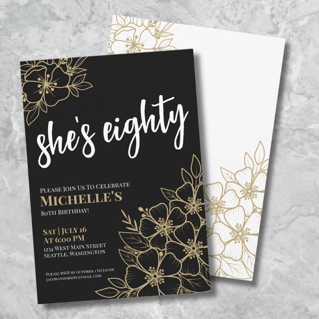 Black Gold 80th Birthday Party Invitation (Elegant Eighty Black Gold 80th Birthday Party Invitation)