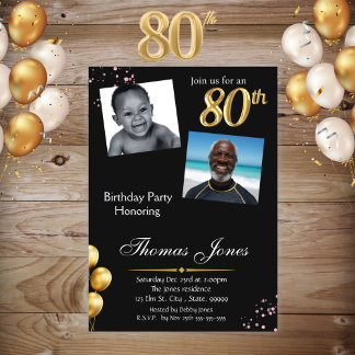 Black Gold 80th Photo Birthday Invitation