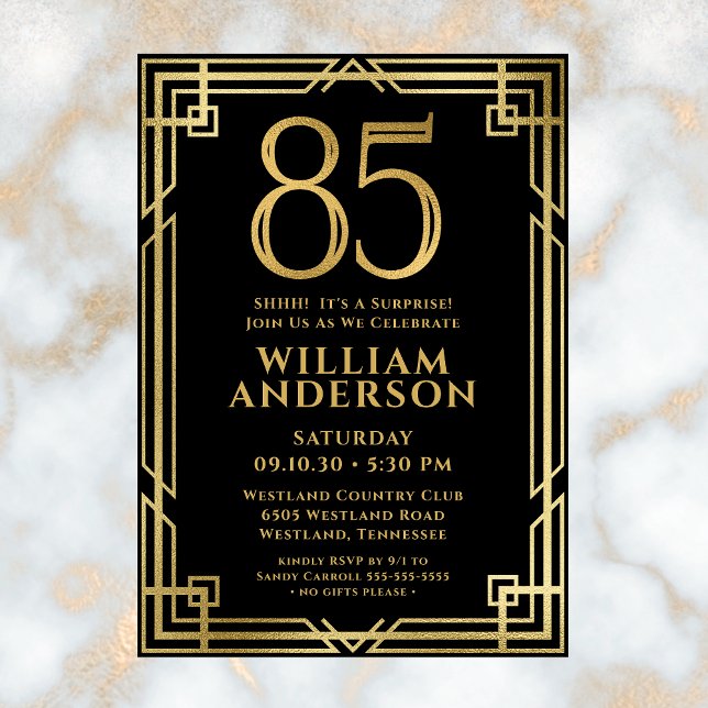 Black Gold 85th Birthday Photo Surprise Party Invitation (Creator Uploaded)