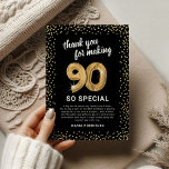 Black Gold 90th Adult Birthday Thank You Card<br><div class="desc">Elegant ninetieth birthday party thank you cards featuring a stylish black background that can be changed to any colour,  gold sparkly glitter,  ninety gold hellium balloons,  and a modern thank you template that is easy to personalise.</div>