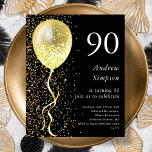 Black & Gold 90th Birthday Budget Invitation<br><div class="desc">Celebrate your special day in style with our black and gold glitter balloon birthday invitation! This affordable customisable paper invitation features a sleek black background with an eye-catching gold balloon and a cascade of gold glitter, creating a sophisticated and festive design that will make your guests feel excited to attend...</div>