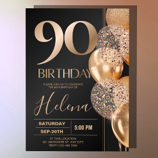 Black Gold 90th Birthday Glam Confetti Balloons Invitation