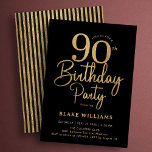 Black Gold 90th Birthday Invitation<br><div class="desc">Black gold 90th birthday party invitation. Trendy modern design,  perfect for a stylish men's or women's bday celebration. Features script font and stripes on the back. Customize with your own details. Printed Zazzle invitations or instant download digital printable template.</div>