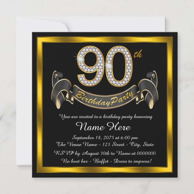 Black Gold 90th Birthday Party Invitation (Front)