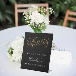 Black gold 90th birthday party welcome pedestal sign