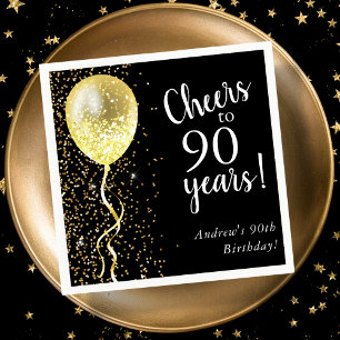 Black & Gold   90th Glitter Balloon Birthday  Napkin