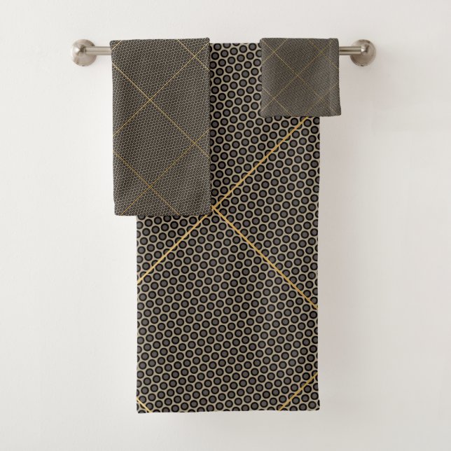 BLACK GOLD ABSTRACT CIRCLES GRID BATH TOWEL SET (Insitu)