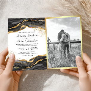 Black Gold Abstract Ink QR Code Wedding Invitation