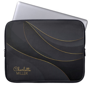 Black-Gold Abstract Lines with Custom Name Laptop Sleeve