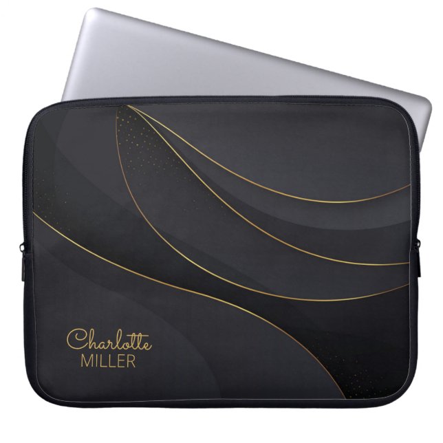 Black-Gold Abstract Lines with Custom Name Laptop Sleeve (Front)