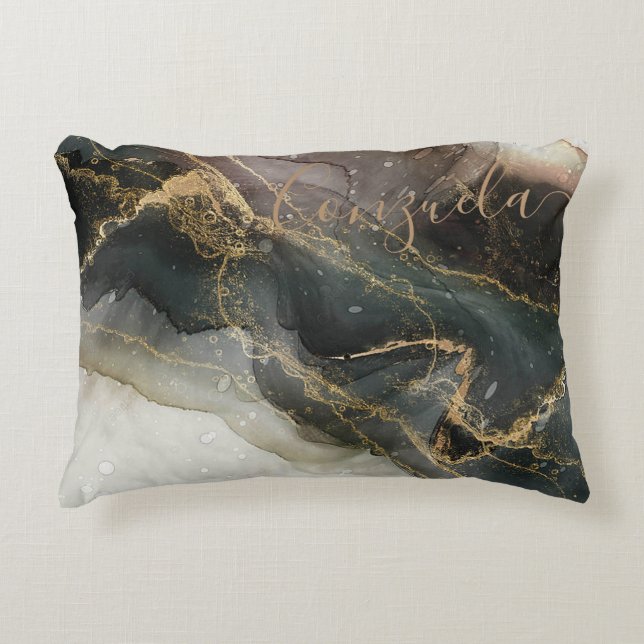 Black Gold Abstract Marble Decorative Cushion (Front)
