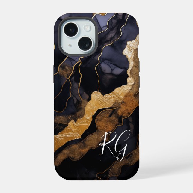 Black Gold Abstract Marble Monogram Initials iPhone 15 Case (Back)